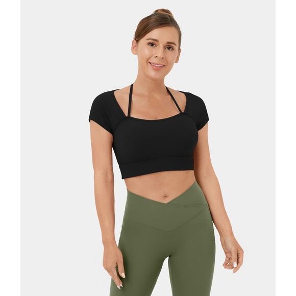 Halara Black Ribbed Halter Strap Short Sleeve Cropped Yoga Sports Top Size Small - Picture 1 of 10